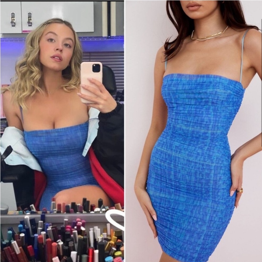 House of CB 'Ella' Sky Blue Organza Ruched Mesh Mini Dress ASO Euphoria Cassie